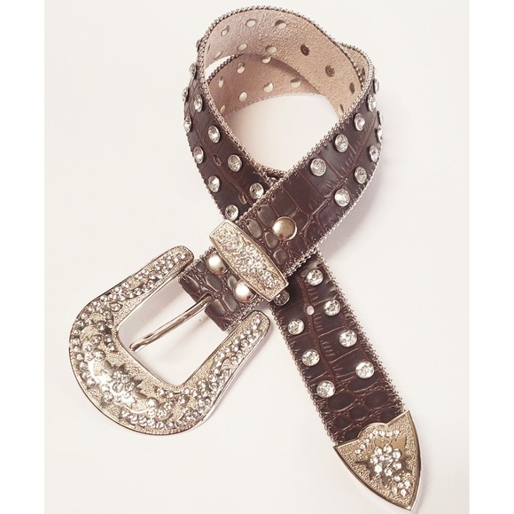 The Unbranded Brand Accessories - Western Leather S Belt Bling Concho Rhinestone Studs Pave Adjust Buckle